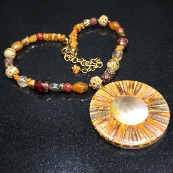 Chico's Mother of Pearl Pendant Necklace:  Art Beads & Glitter Glass Beads, 20" - Picture 2 of 8
